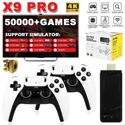 128G 256G X9 PRO GameStick 4KHD TV Video Game Consol 3D Games For PSP/PS1/N64/NDS 40+Simulators Retro Games Dual 2.4G Controller [en-gb]