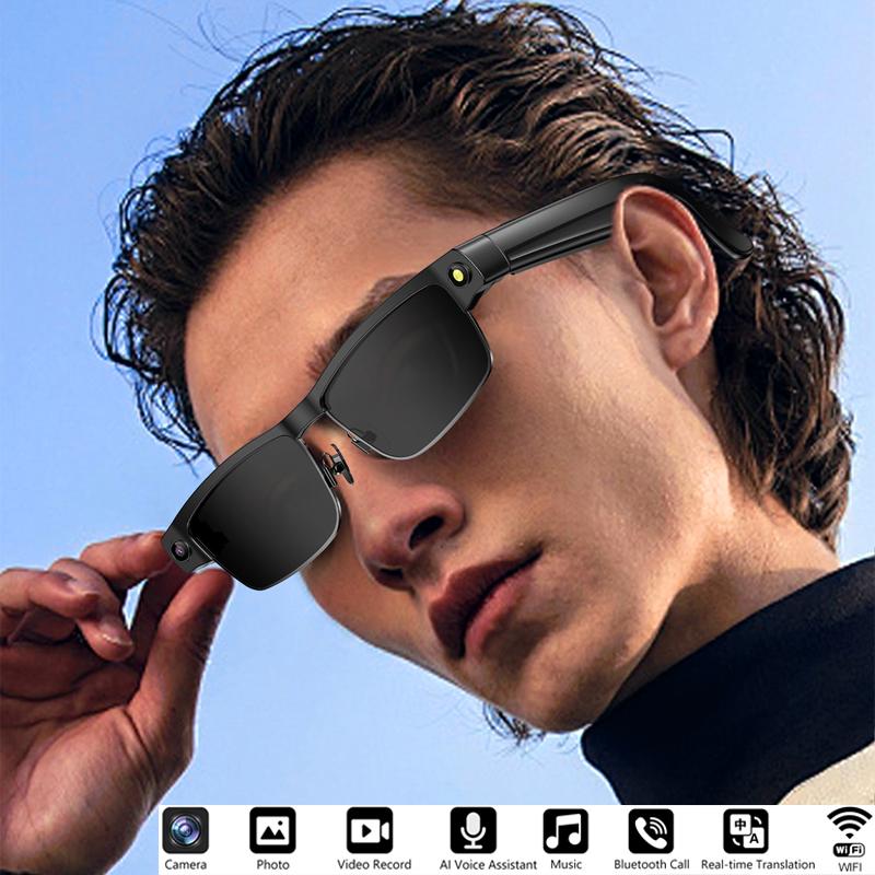 Smart AI Glasses Recording Videos Ai Photo Recognition Answer Translation Large Battery  Bluetooth Call Glasses For Men Women Wearable Mics Black Black