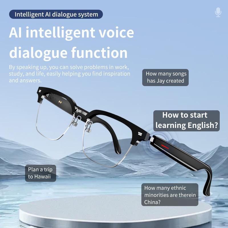 AI Real-time Translation Smart Glasses Wireless Bluetooth Call & Voice Assistant Touch Control Glasses with Mic Speaker Earphone Automatic Wearable Water Proof Chargeable D Style Full Frame