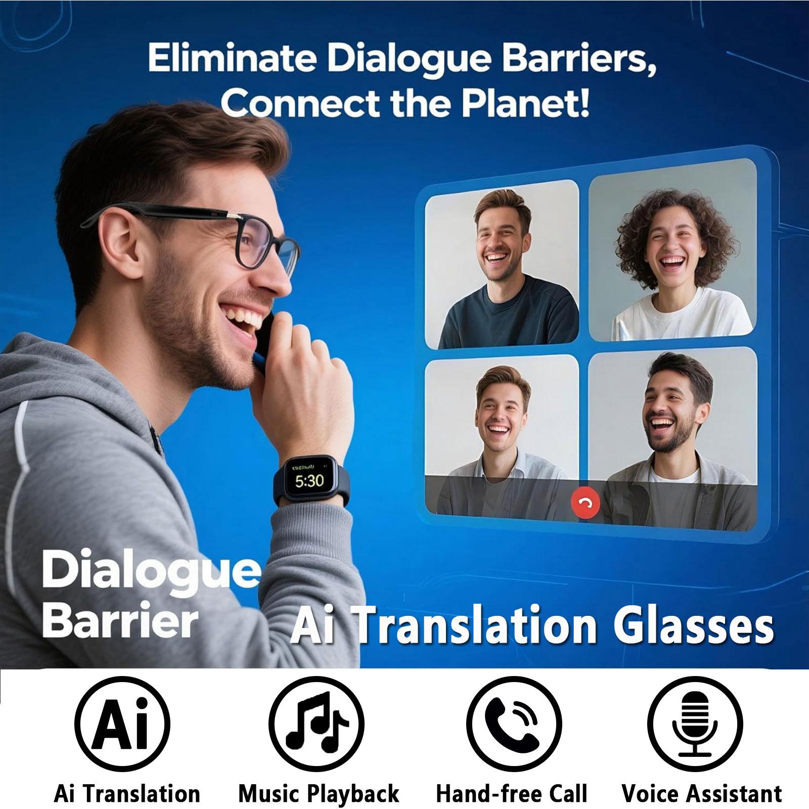 AI smart translation glasses, supporting real-time app translation in 164 languages, photochromic lenses, and flat gray lenses. Wearable Black