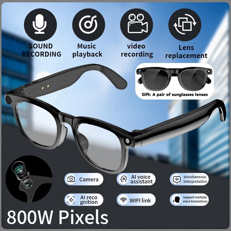 LIGE AI 800W Camera Smart Glasses 1080P HD Video Recording Translation Object Recognition Bluetooth Call Music Sunglasses Lenses