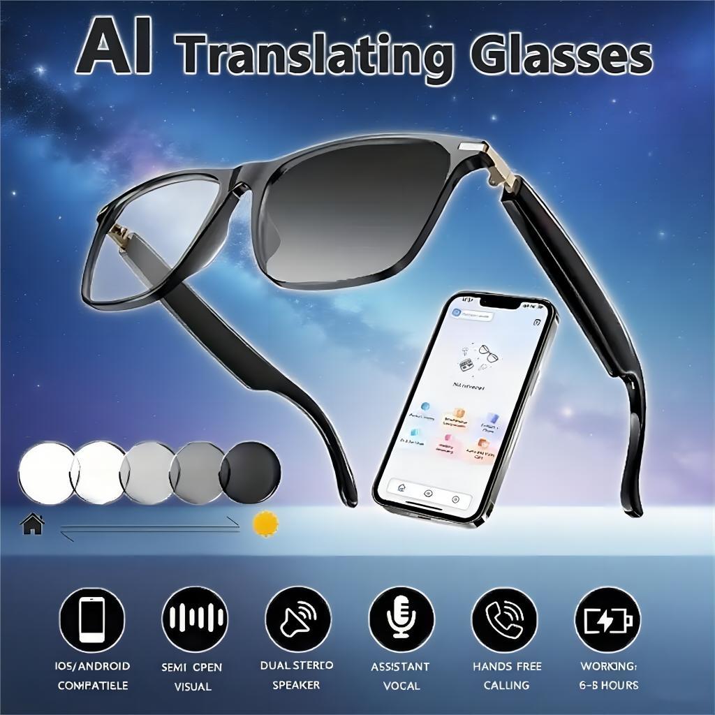 AI smart translation glasses, supporting real-time app translation in 164 languages, photochromic lenses, and flat gray lenses.