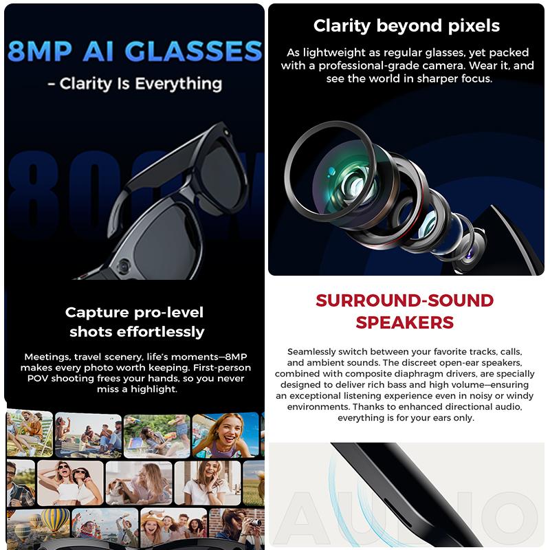 2025 New AI Smart Glasses 8MP HD Camera Sunglasses Photos Video Recorder dual-microphone  Waterproof Anti-blue Smart Glasses