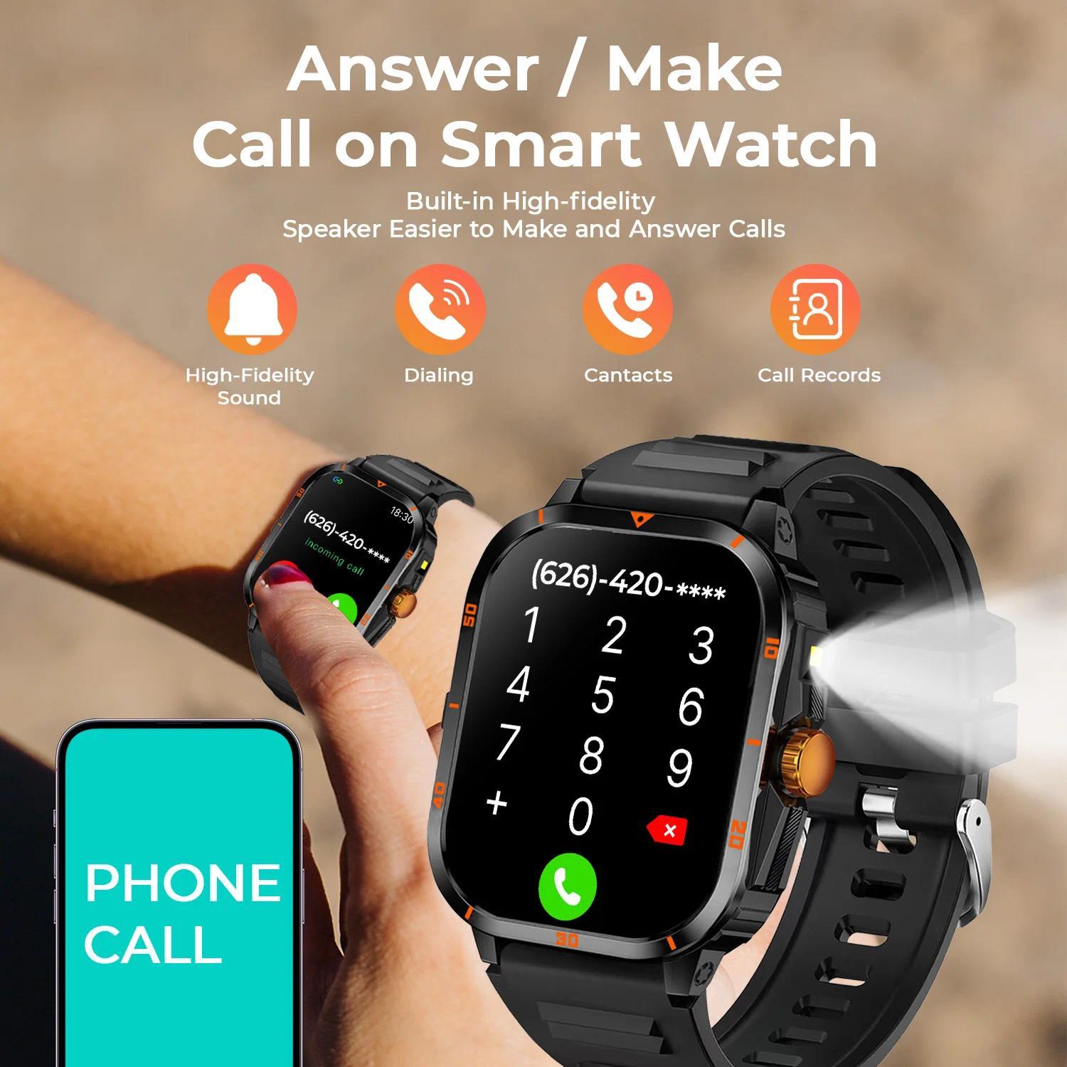 2026 New LED Flashlight Smart Watch Men Bluetooth Call Waterproof 400mAh Large Battery Smartwatch Heart Rate Monitor Smart Watch