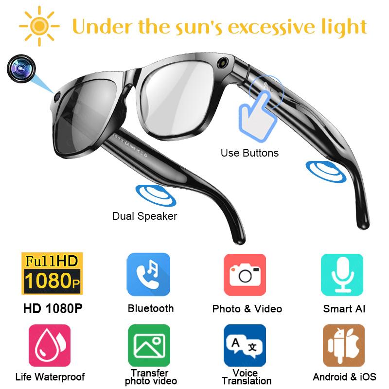 AI Smart Glasses 4K HD Photochromic Glasses Video Recording Wireless Bluetooth Call Glasses Voice Assistant Music Translate