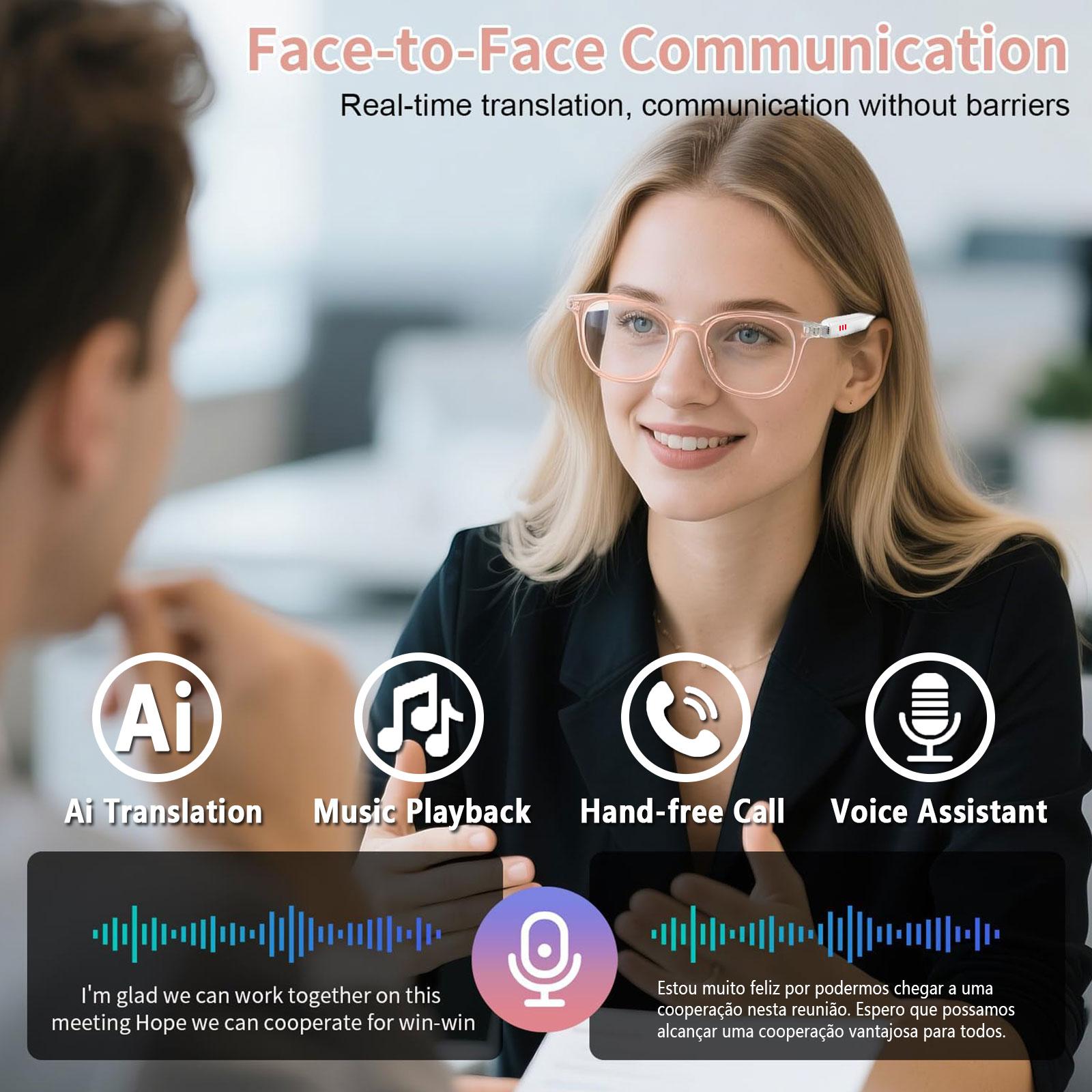 Smart AI translation audio glasses, real-time app translation in over 160 languages, light-sensitive color-changing lenses