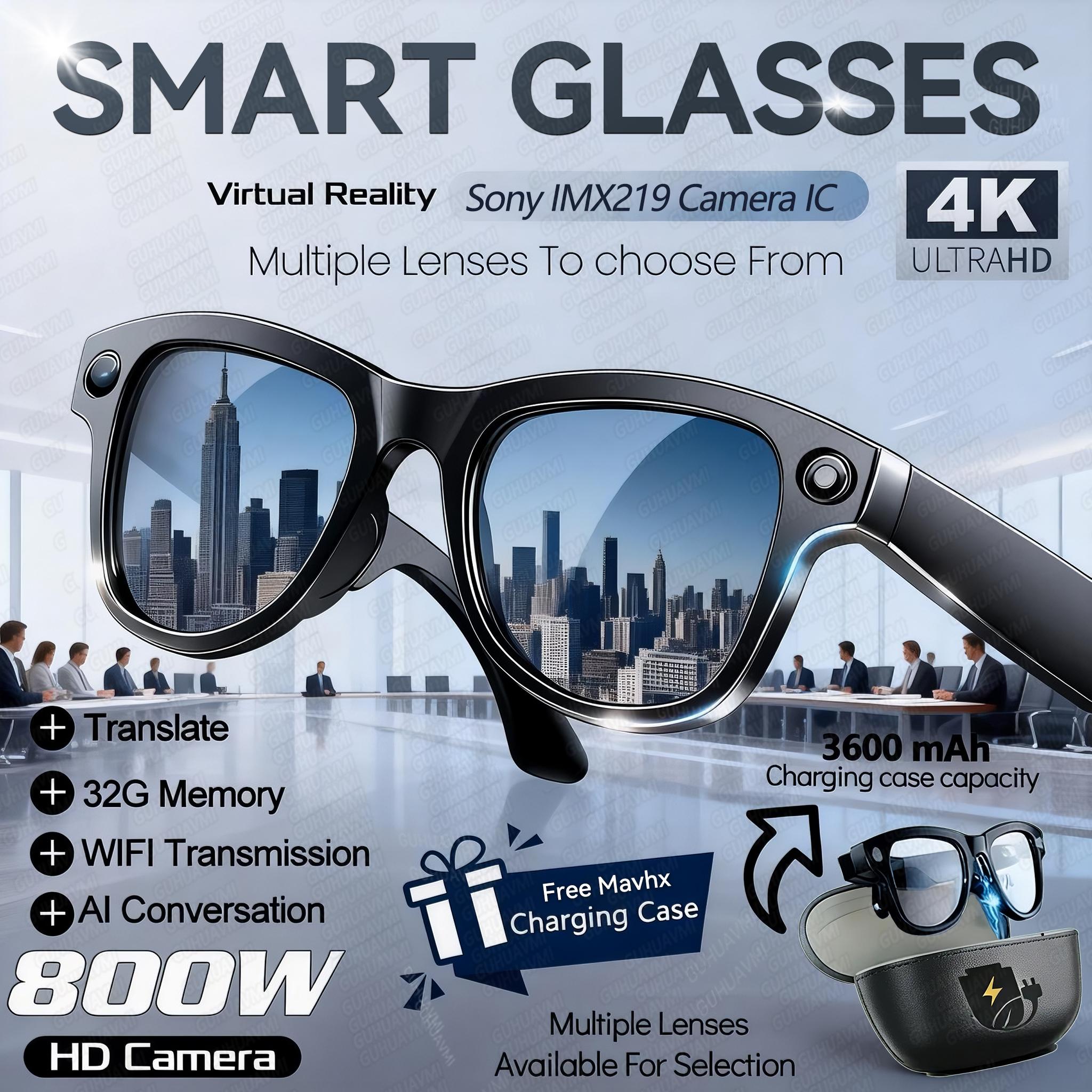 2026 New 800W 4K Camera Smart Glasses Men Recording Videos 3600mAh Power Bank 120+Languages Translation Music Play Glasses Women