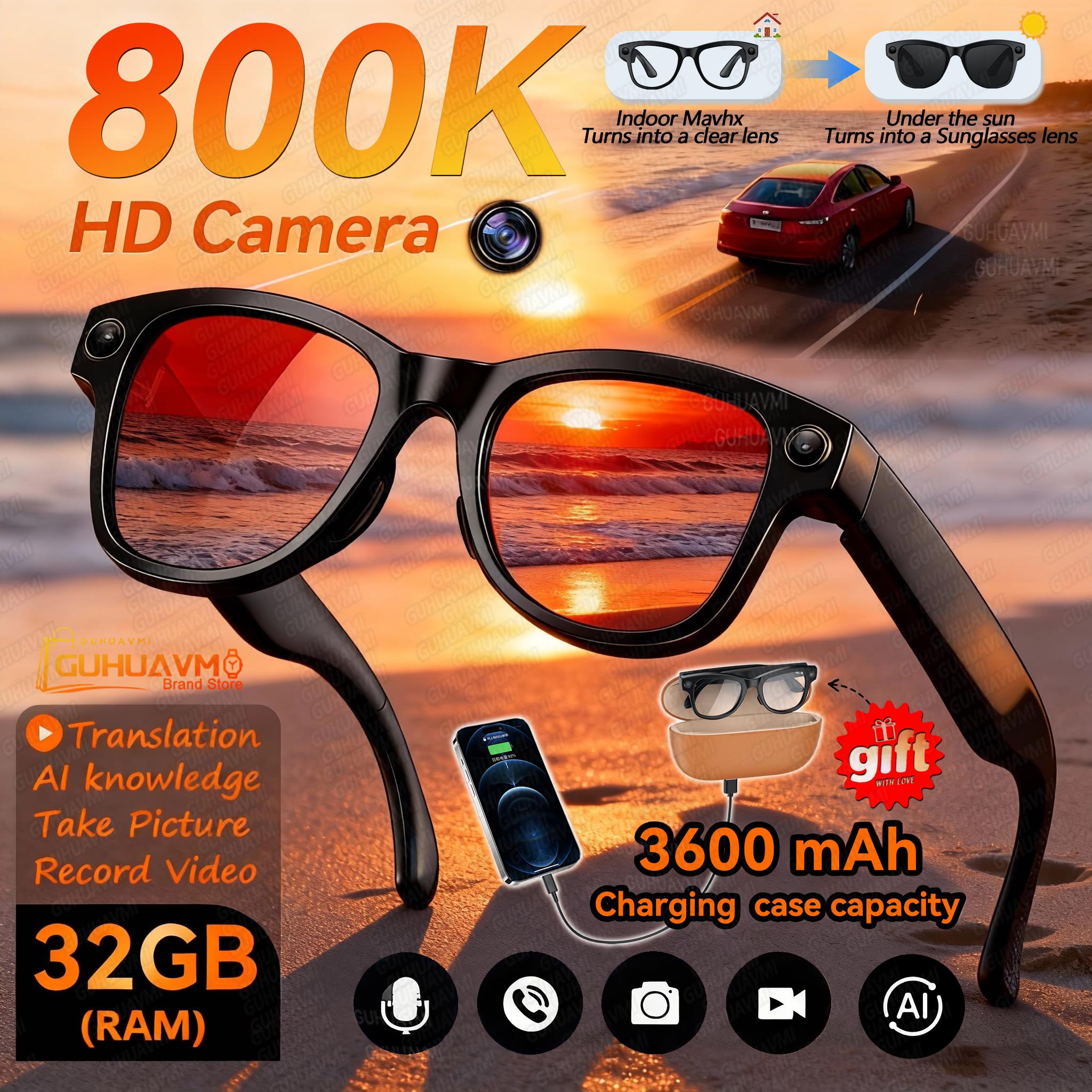 2026New 800W 4K Camera Smart Glasses Men 3600mAh Power Real timeTranslation Bank 32GB Photo Record Videos Music Sunglasses Women