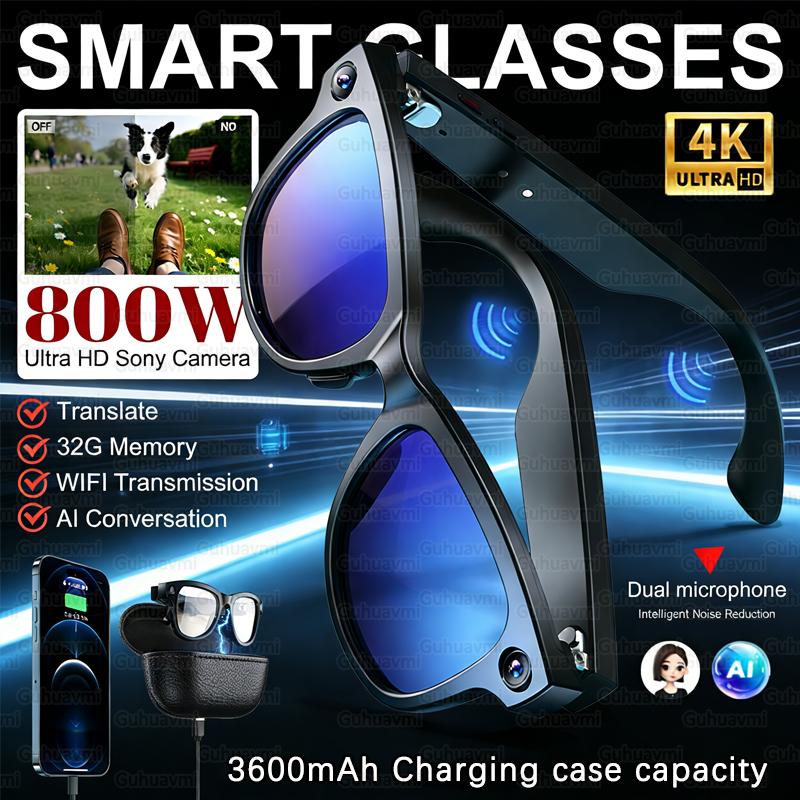New 800W 4K HD Camera Smart Glasses Shooting Real time Translation Sunglasses 32GB Memory 360° Sound with 3600mAh Charging Case