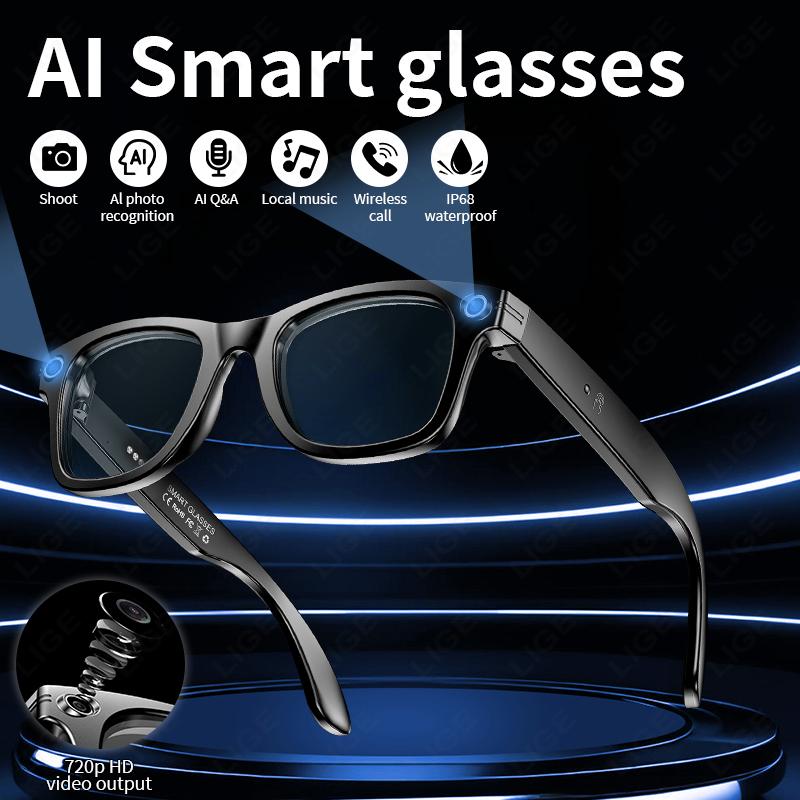 LIGE AI Translation Smart Glasses IP68 Bluetooth Call Headphones UV Protective Lenses Connected Bezel Outdoor Camera Sunglasses