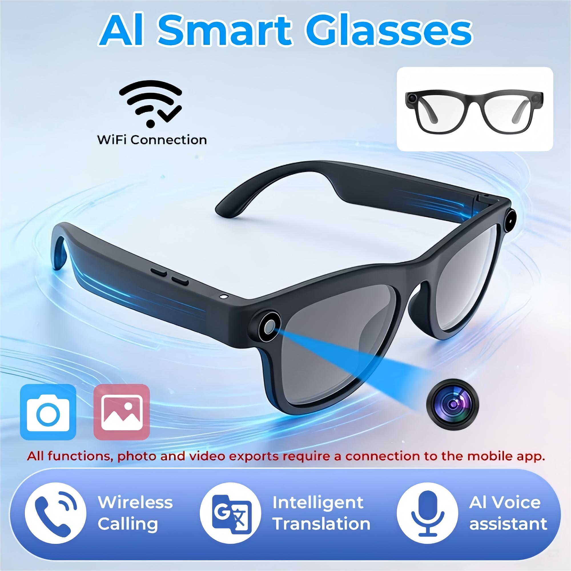 New Smart Camera Glasses, Fashionable Video Eyewear, TR Flexible Material, Dual Microphone Noise Reduction, Real time App Transl