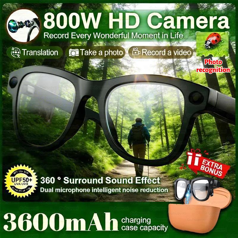 800W Camera Smart Glasses 32GB RAM UPF50+ Sunglasses 360° Surround Sound Photo Recognition AI Translation 3600mAh Charging Case