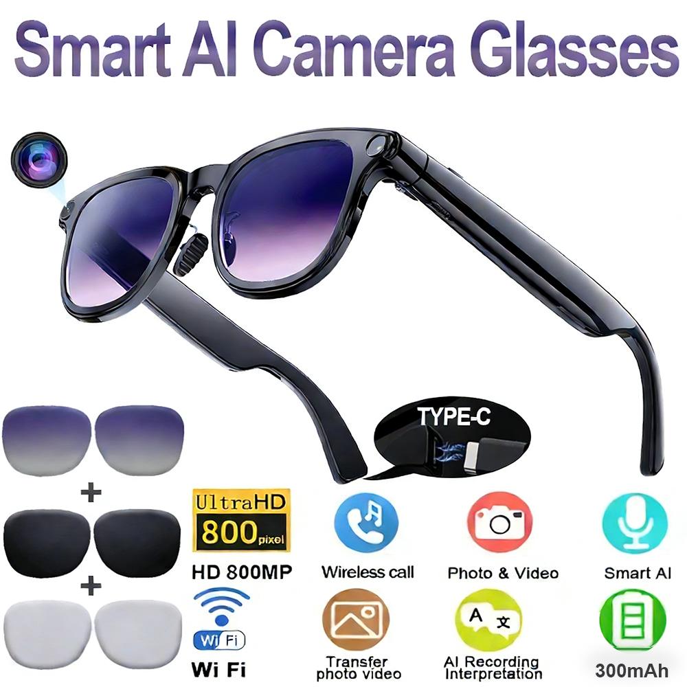 3in1New Smart Glasses AI 8K Camera Bluetooth Call Voice Assistant Music Player Translate Multifunctional Photochromic HD Glasses