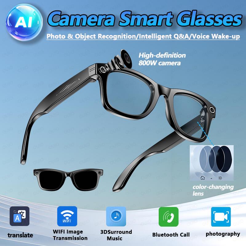 AI Photo Recognition Answer Translation Glasses HD Definition 800W Camera Music Dual Mic Call Color Changing Lens Smart Glasses