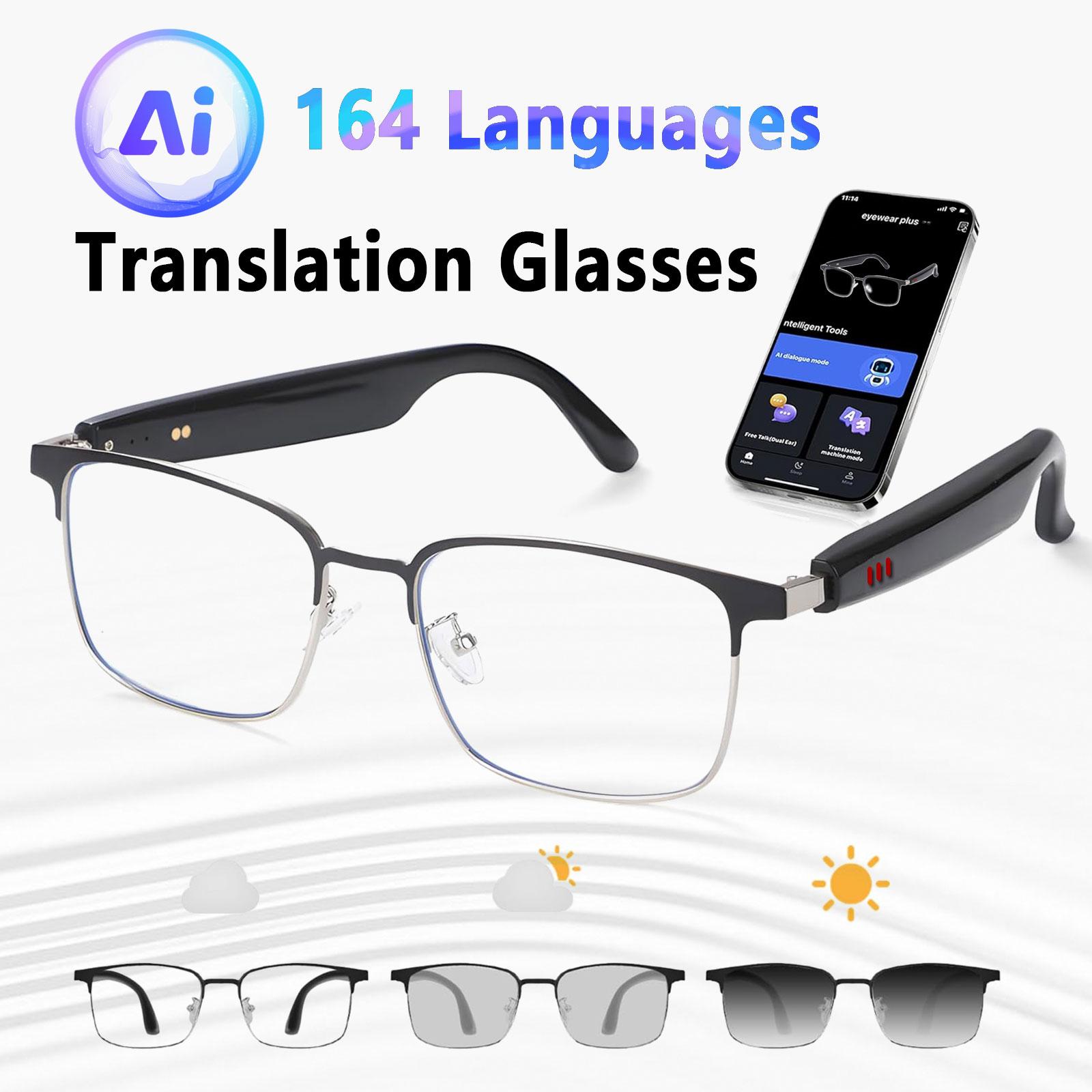 Smart glasses, app translation, color changing lenses, high definition voice calls, Hi Fi music quality, open ear audio glasses.