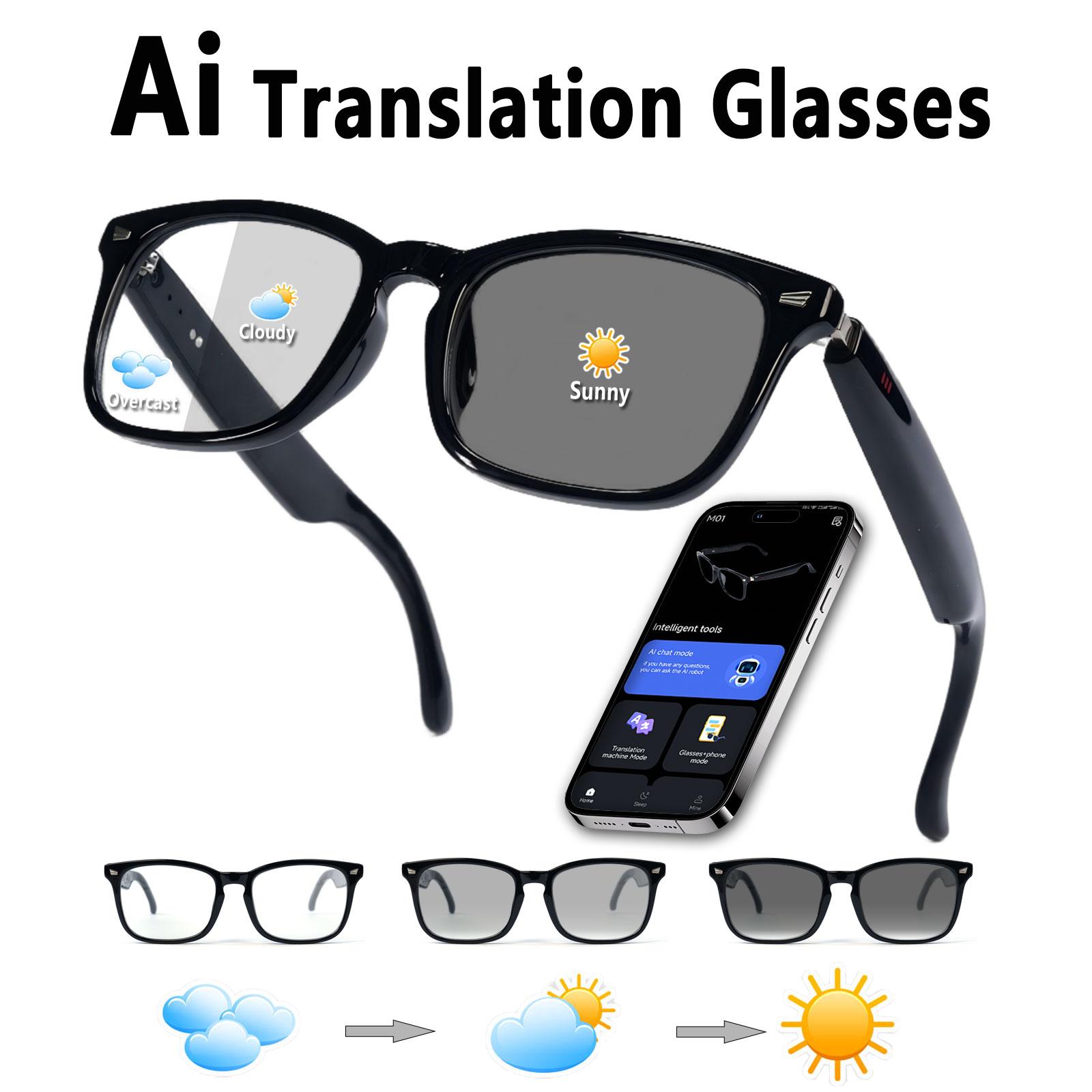 Smart glasses, app translation, color changing lenses, high definition voice calls, Hi Fi music quality, open ear audio glasses.