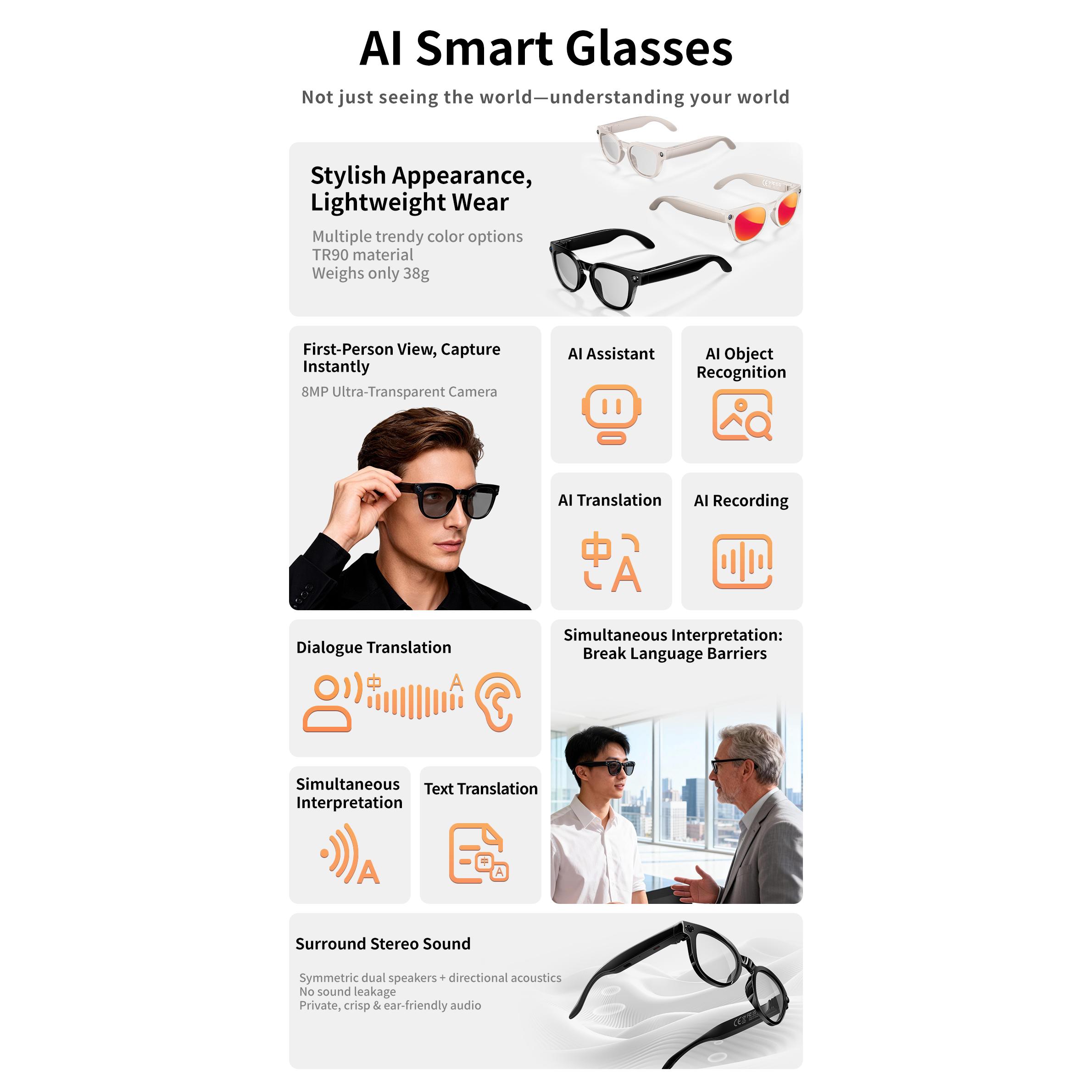 Smart Glasses with Camera Realtime AI Translation AI Assistant Hands Free Recording First Person View Video TypeC Charge Glasses