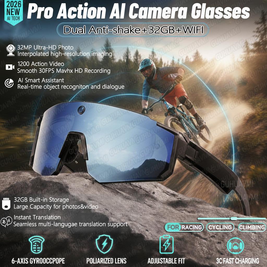 New AI smart shooting&recording glasses with 800W camera, HD anti shake bicycle riding shooting artifact, windproof goggles 2026
