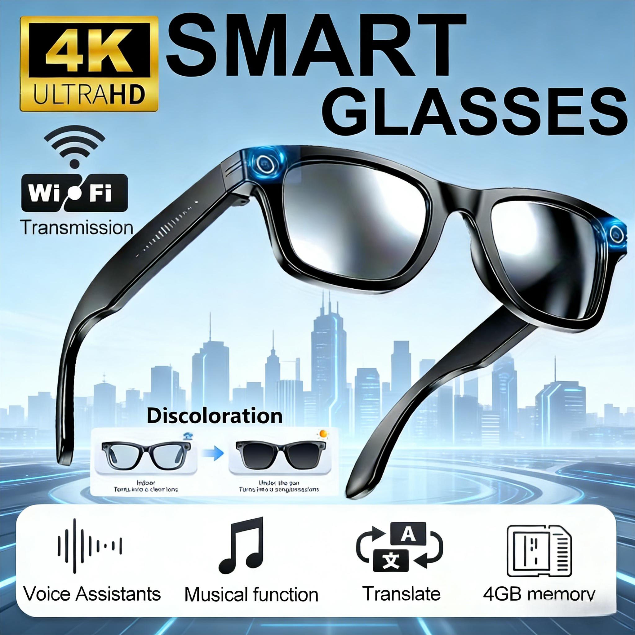 AI Smart Video Glasses with Camera and Photo Capabilities, featuring an 8MP camera, 1080P HD video recording, 4K resolution,