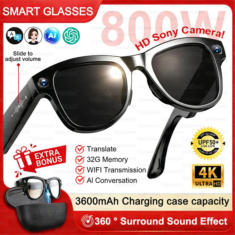2026 New AI Smart Glasses 4K 1200P HD Camera ChatGPT 3600mAh Charging Case 32GB 100+ Language Translation Music Video Sunglasses