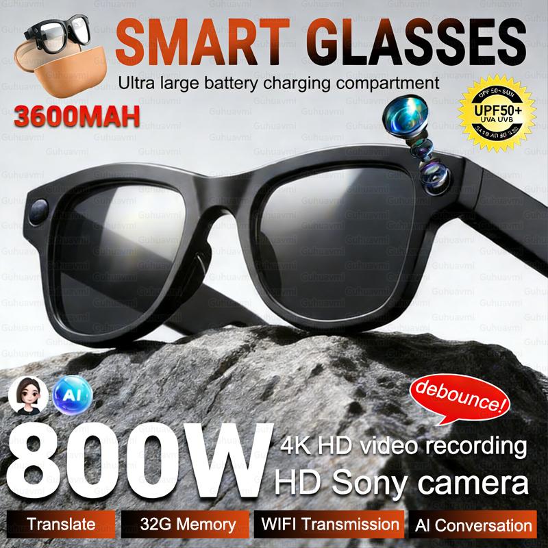 New 800W HD Camera 3600mAh Portable Charger AI Smart Glasses 32GB Memory Music Video Sunglasses AI Translation WiFi Transmission