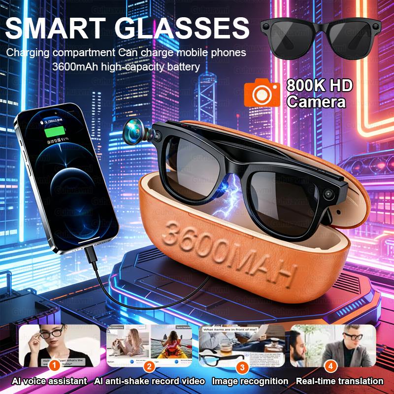New 800W 4K HD Camera Smart Glasses Men 120+ Languages Translation Recording Videos Music Player Call Glasses 3600mAh Power Bank