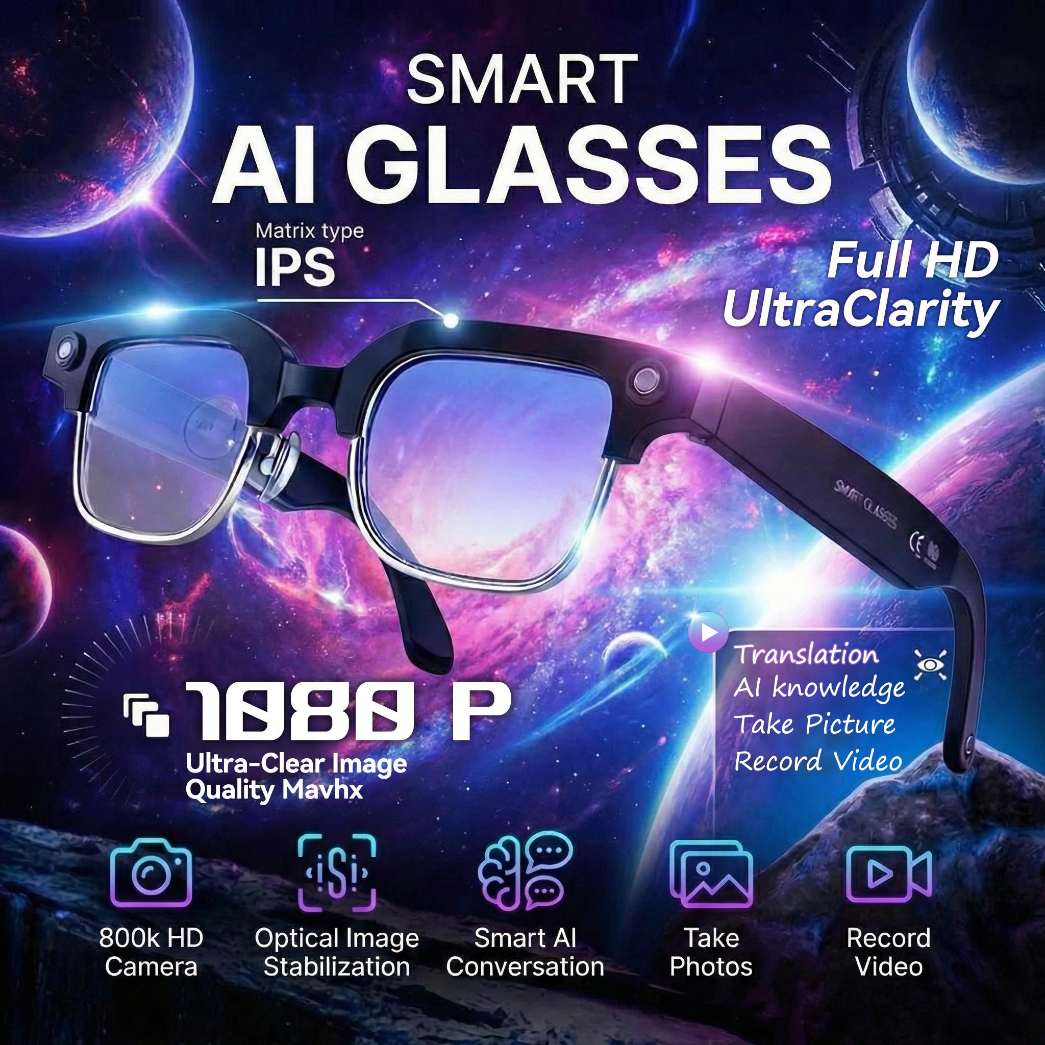 New 1200P HD Smart Glasses With 800W Ultra-Wide Camera Video Recording 4GB AI Photo Recognition Bluetooth Call Translation Voice