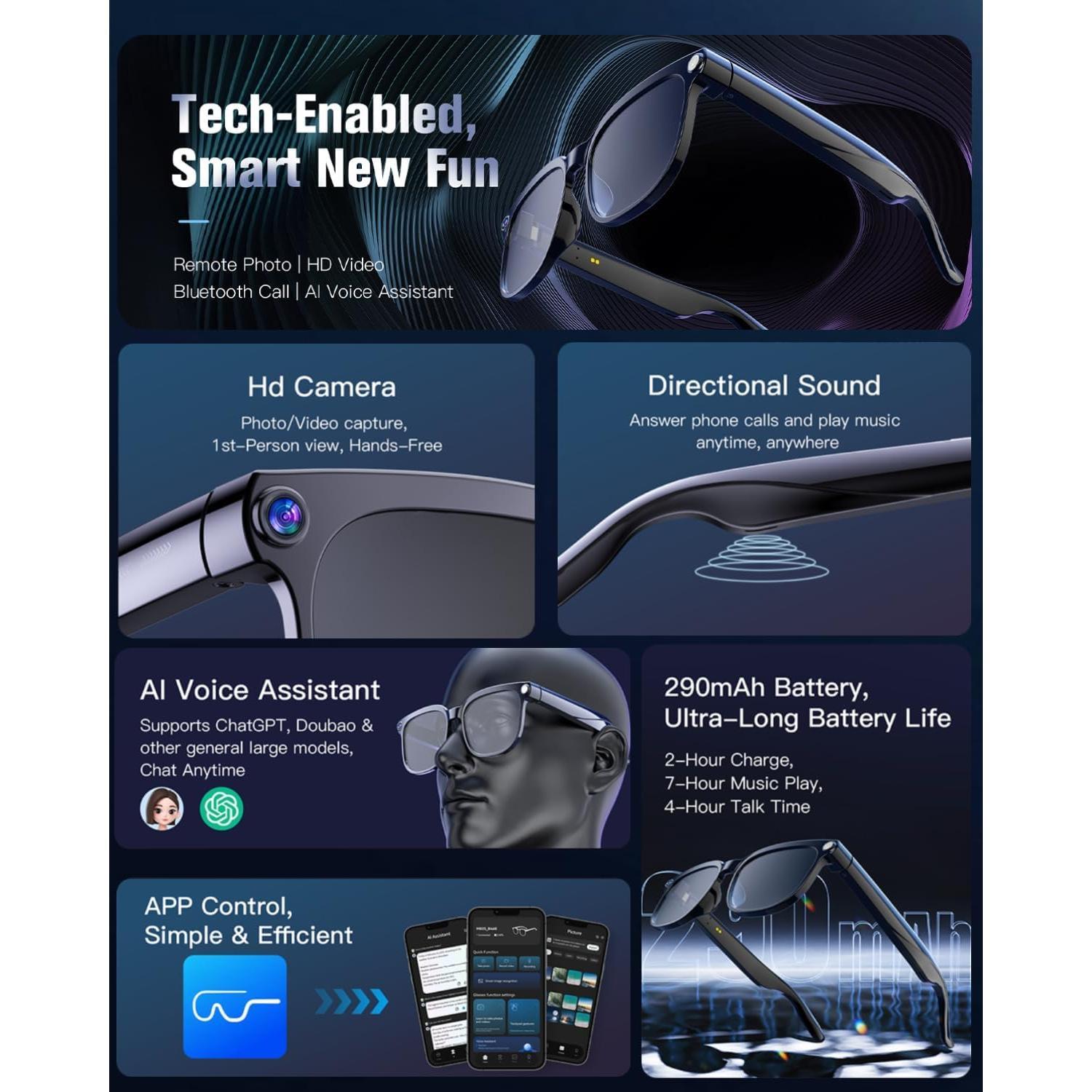 Smart AI Glasses with 1080P HD Camera Bluetooth 5.4 Wireless Headphones AI Voice Assistant Open Ear Audio Sports Wear Men Women