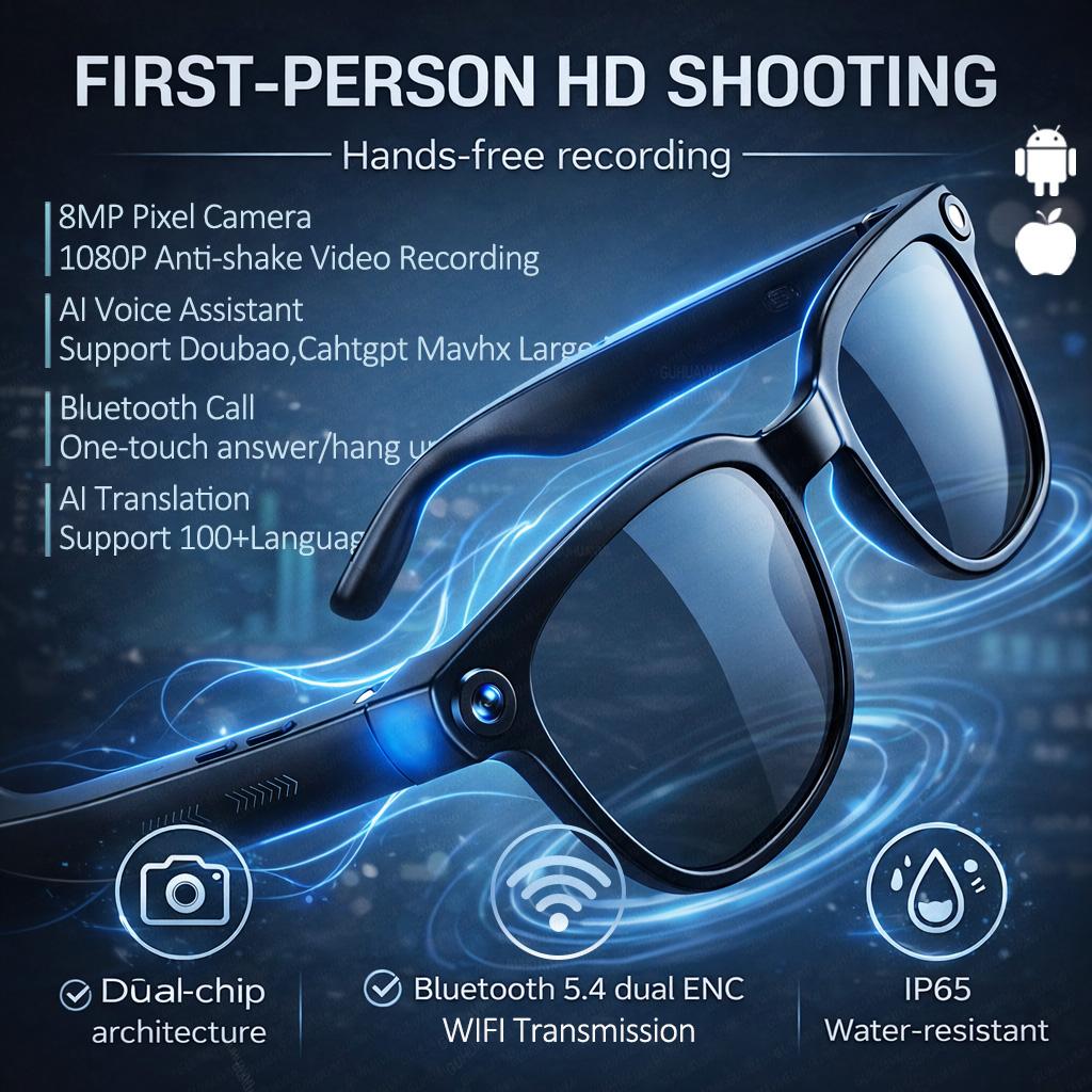 2026 New Smart AI Glasses with 8MP HD Camera 1080P Video Recording ChatGPT Integration Bluetooth Eyewear Business Travel Glasses