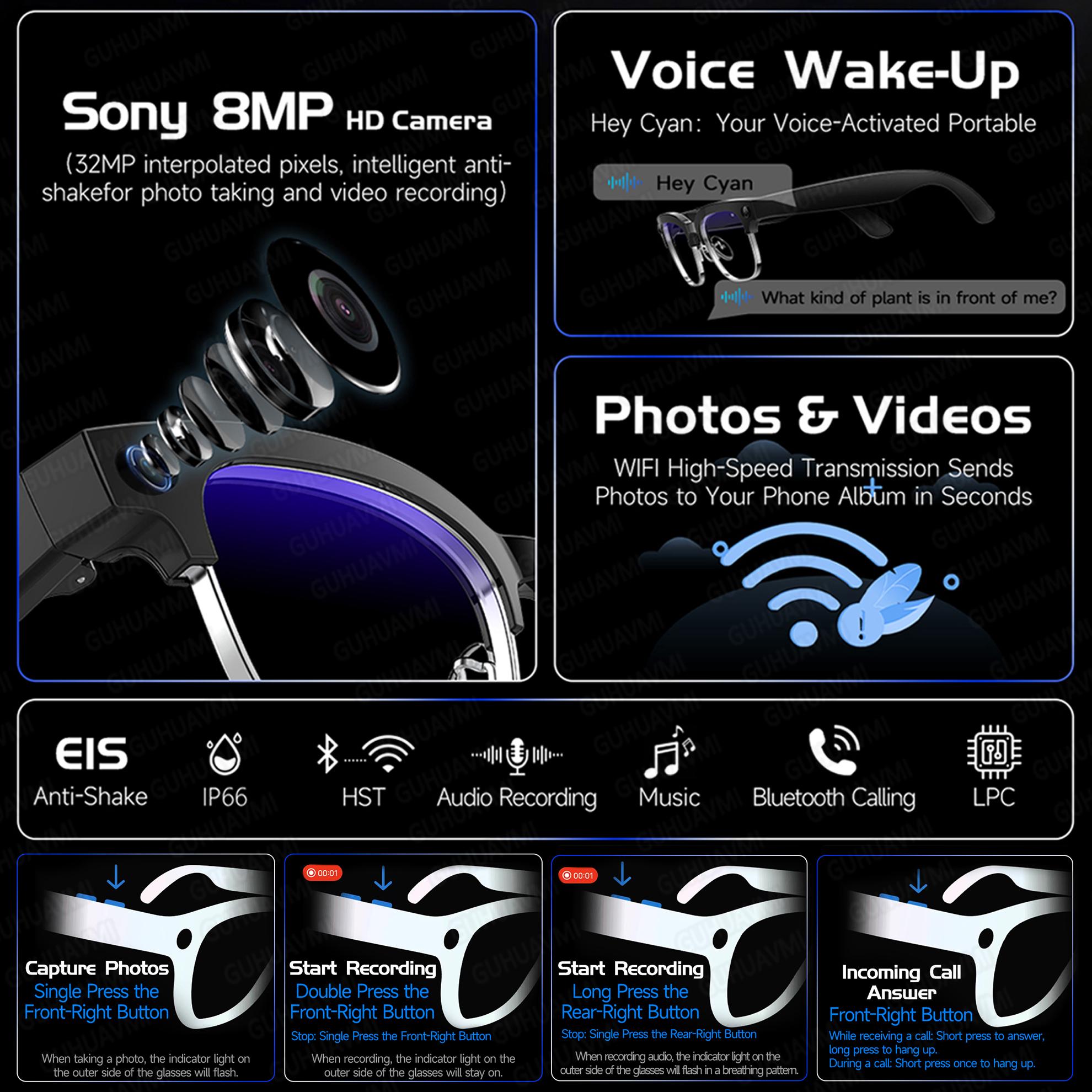 New AI Smart Glasses Various Language Translation 800W Pixel Camera Video Music Player Call Business 8K Color Change Glasses Men