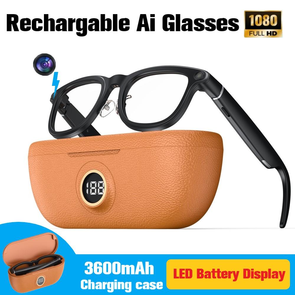2026 Ai Smart Glasses with Charging Case LED  Battery Display 800W HD Camera Recording Videos Music 3600mAh Power Bank